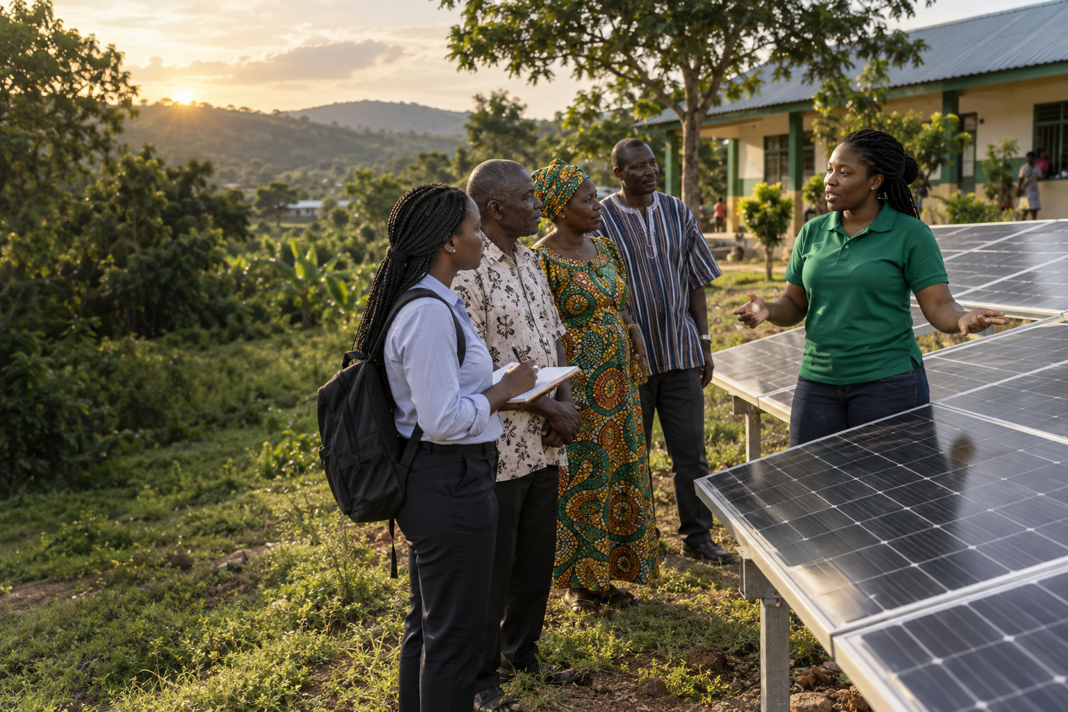 AI-generated illustration of Ghanaian residents learning about solar energy