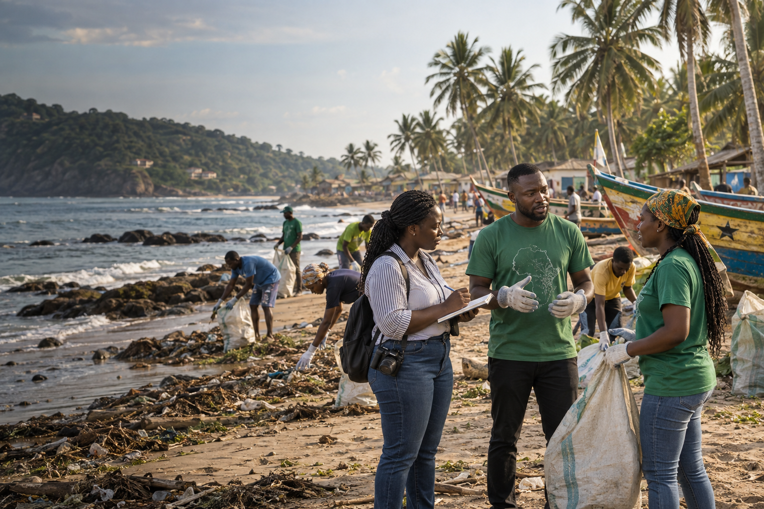 AI-generated illustration of a Ghanaian coastal clean-up and community reporting